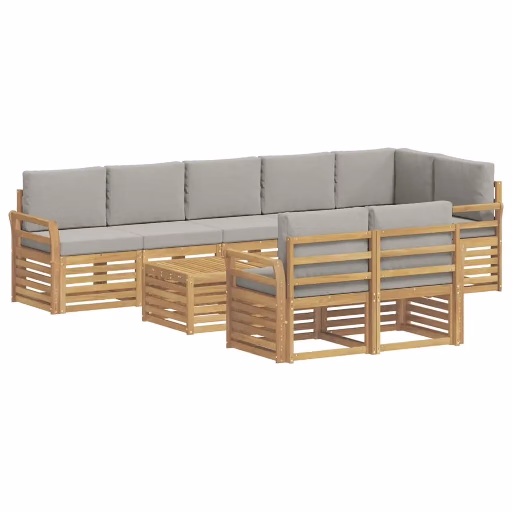 Set di divani da esterno a L vidaXL in legno di acacia con tavolo da caffè, 9 pezzi, Bianco e Grigio – 2