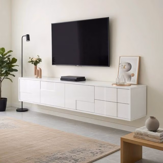 Cassettiera TV sospesa KOMHTOM bianca in MDF lucido L: 170 cm, P: 30 cm, H: 30,5 cm