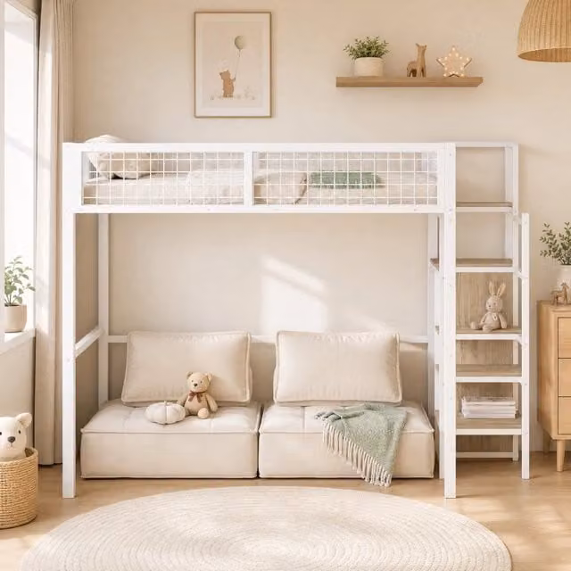 Letto a soppalco per bambini 140x200 cm con struttura in metallo, scala di sicurezza, armadio e ripiano portaoggetti, bianco