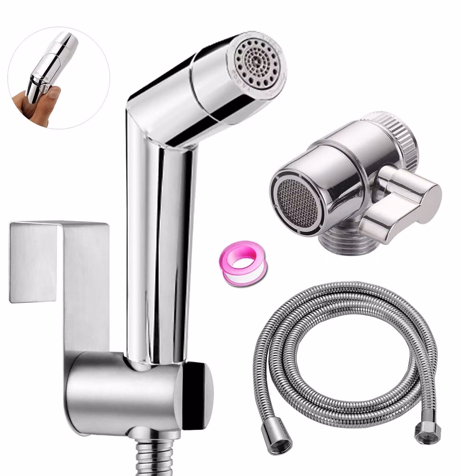 Set per bidet con doccetta manuale, dotato di spruzzatore regolabile, inclusi tubo flessibile e gancio