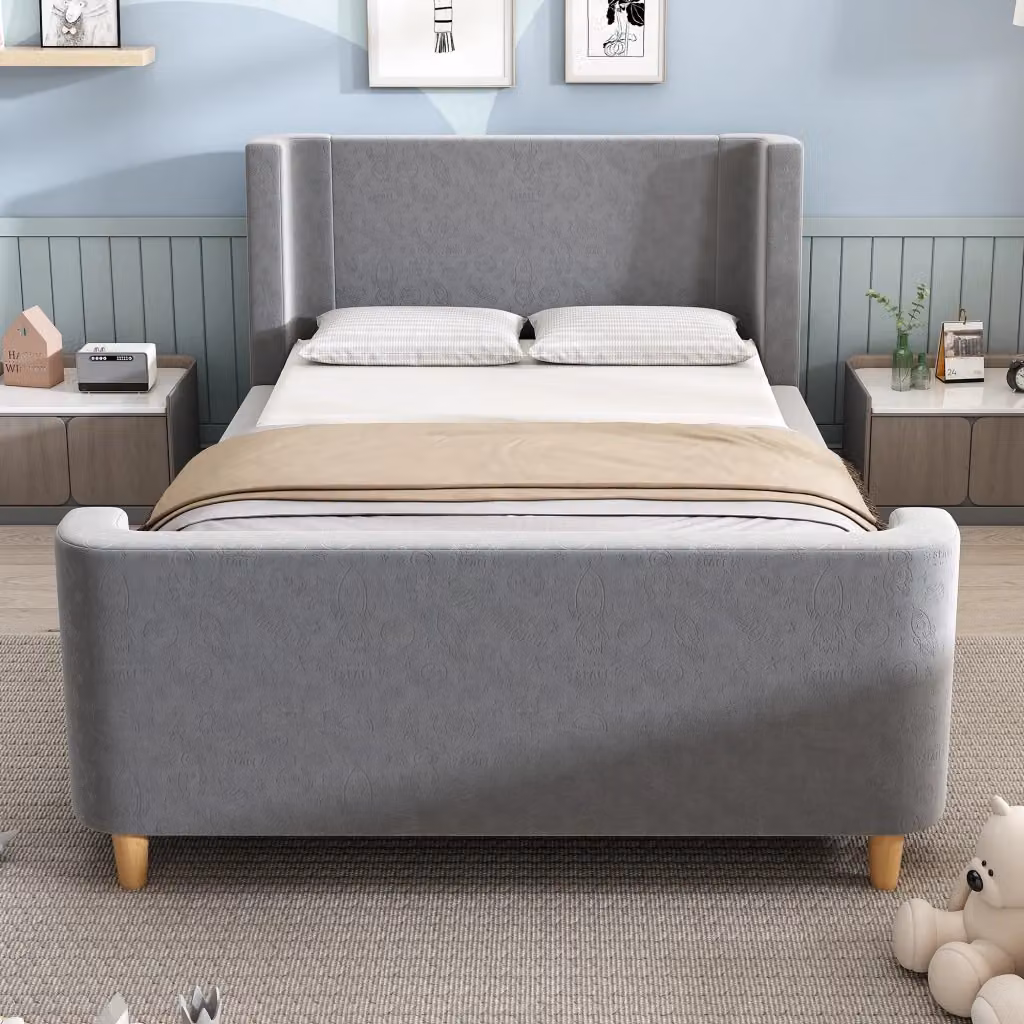 Letto singolo per bambini OKWISH con testiera imbottita e motivo spaziale in velluto grigio, L/P/H: 90 x 200 cm – 2
