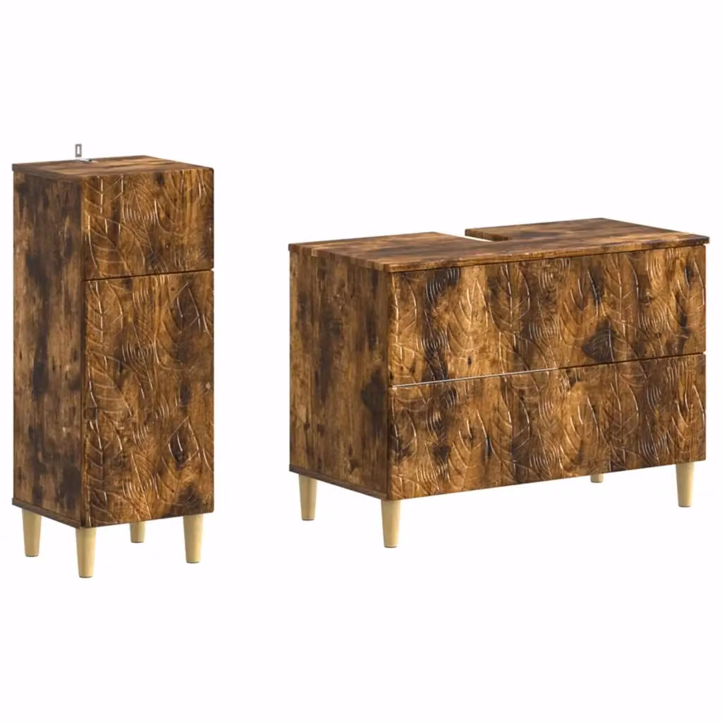Set di mobili da bagno moderno vidaXL composto da mobile lavabo e mobile contenitore in legno rovere fumo marrone con ante a battente e ripiani interni – 2