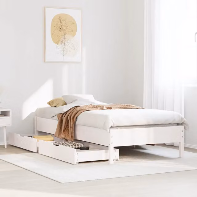Struttura Letto Design Mania in Legno Massello di Pino Bianco con Cassetti L/P/H: 100 x 200 x 36,5 cm