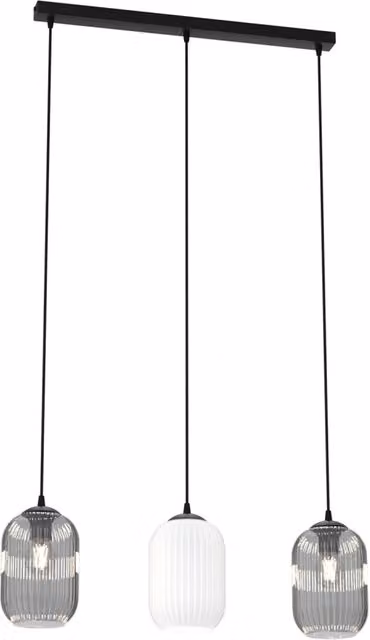Lampadario a sospensione Luceart-Classic con 3 luci in acciaio nero e vetri plissettati bianchi e fumè