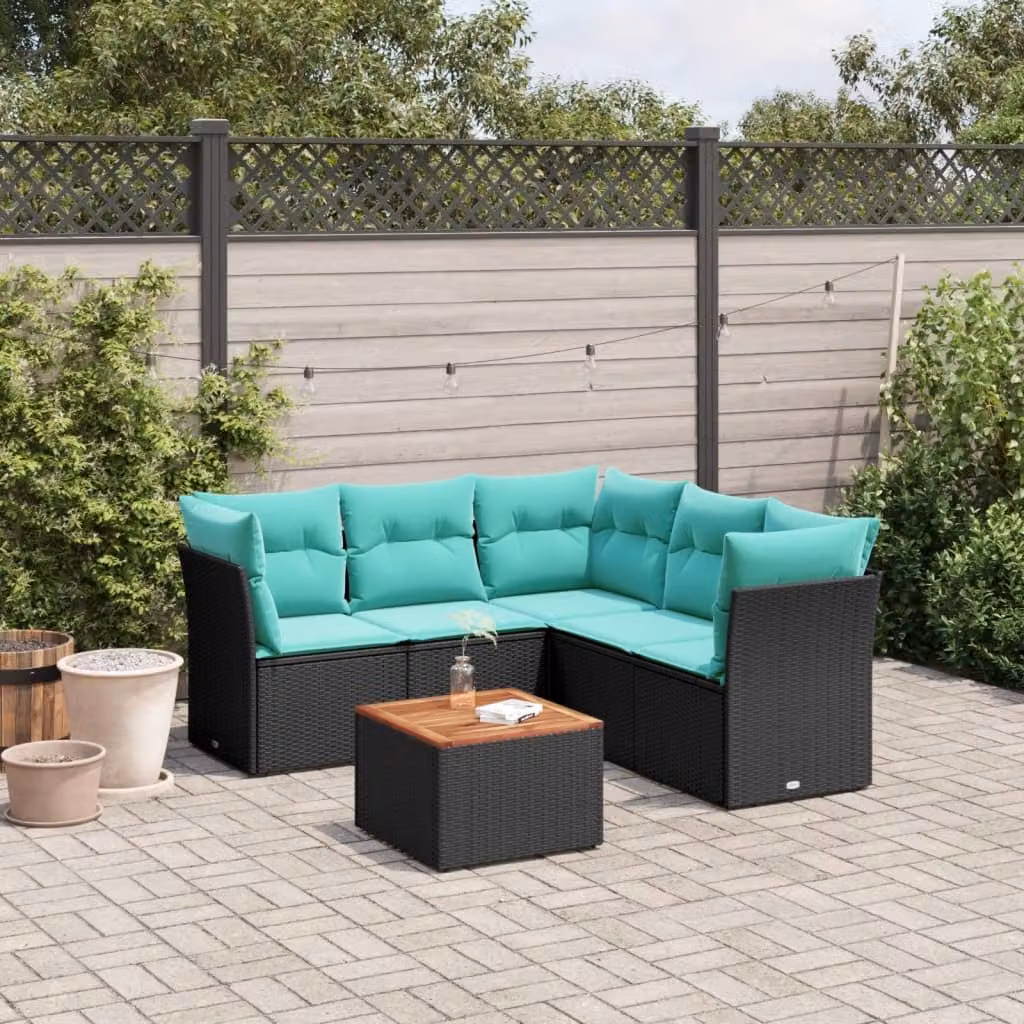 Set di divani da giardino vidaXL a forma di L composto da 6 pezzi con tavolino, in polyrattan nero e cuscini con rivestimenti rimovibili resistenti ai raggi UV – 1