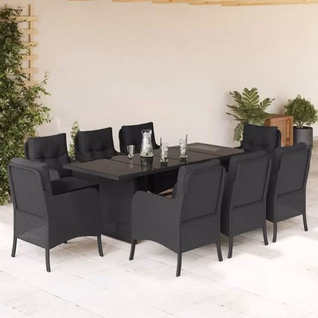 Set da pranzo da giardino vidaXL in polyrattan nero con 9 pezzi e piano in vetro
