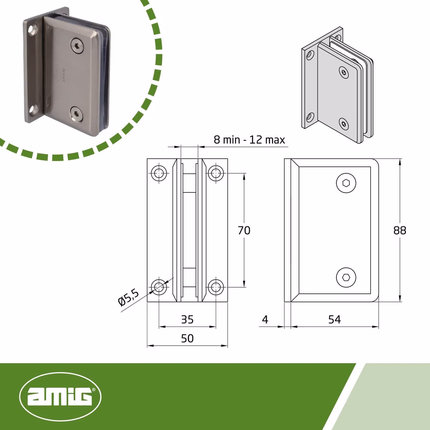 Supporti a parete per doccia, in zamak con finitura cromata, dimensioni 88 x 54 mm, adatti per pareti in vetro da 8-12 mm