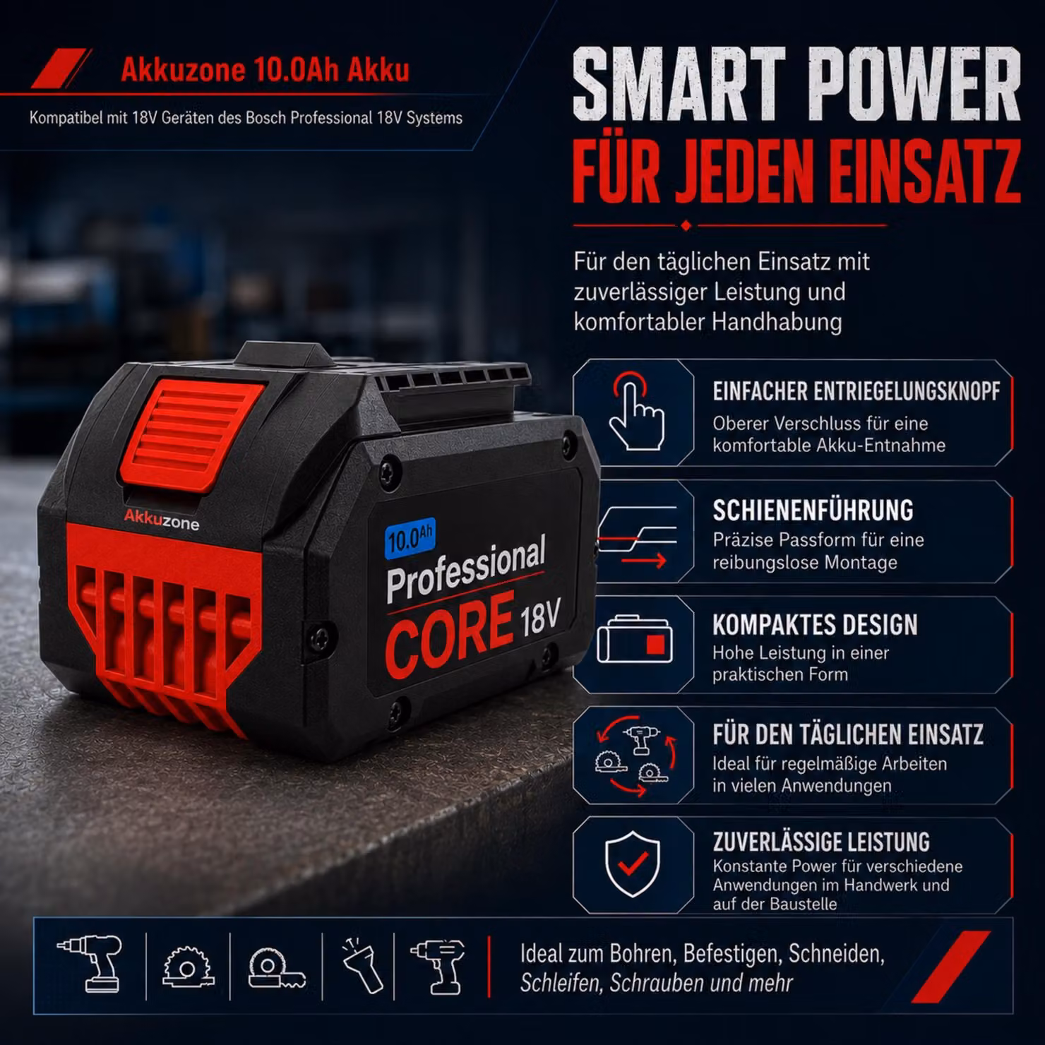 Batteria agli ioni di litio da 10,0 Ah e 18 V, compatibile con Bosch Professional – Batteria ad alte prestazioni per dispositivi ProCORE e GBA 18 V, con indicatore LED