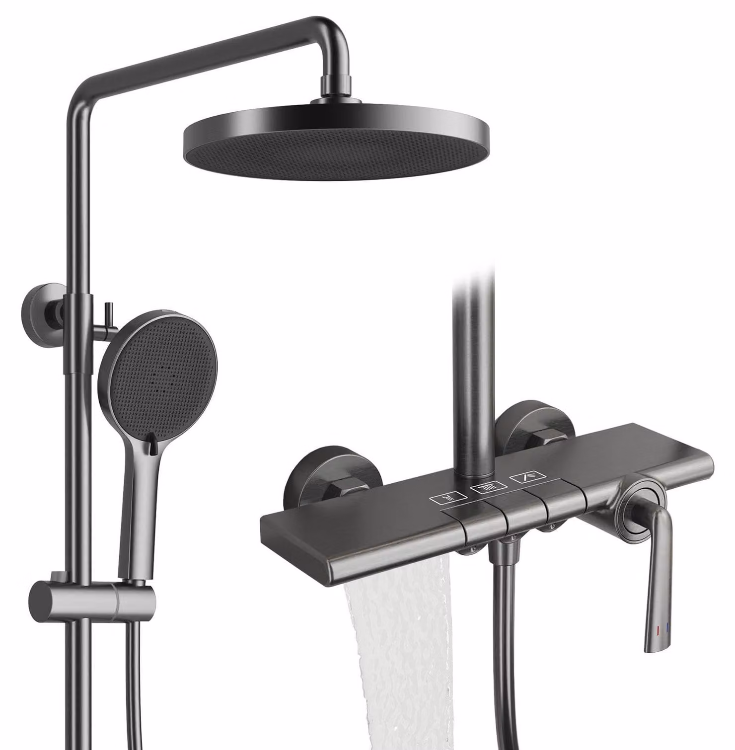 Sistema doccia con comandi a tasti, soffione a pioggia da 252 mm, 4 modalità, miscelatore a cascata