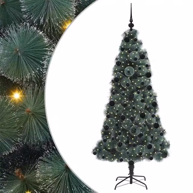 Albero di Natale artificiale preilluminato con LED luce bianca calda e set di palline verde moderno vidaXL – 1