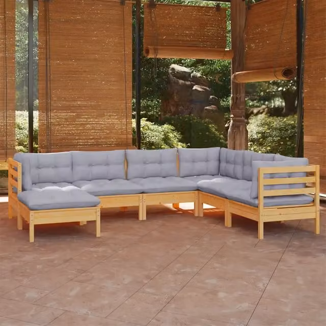 Set Divani da Giardino 7 pz con Cuscini Grigi Massello di Pino 3096561