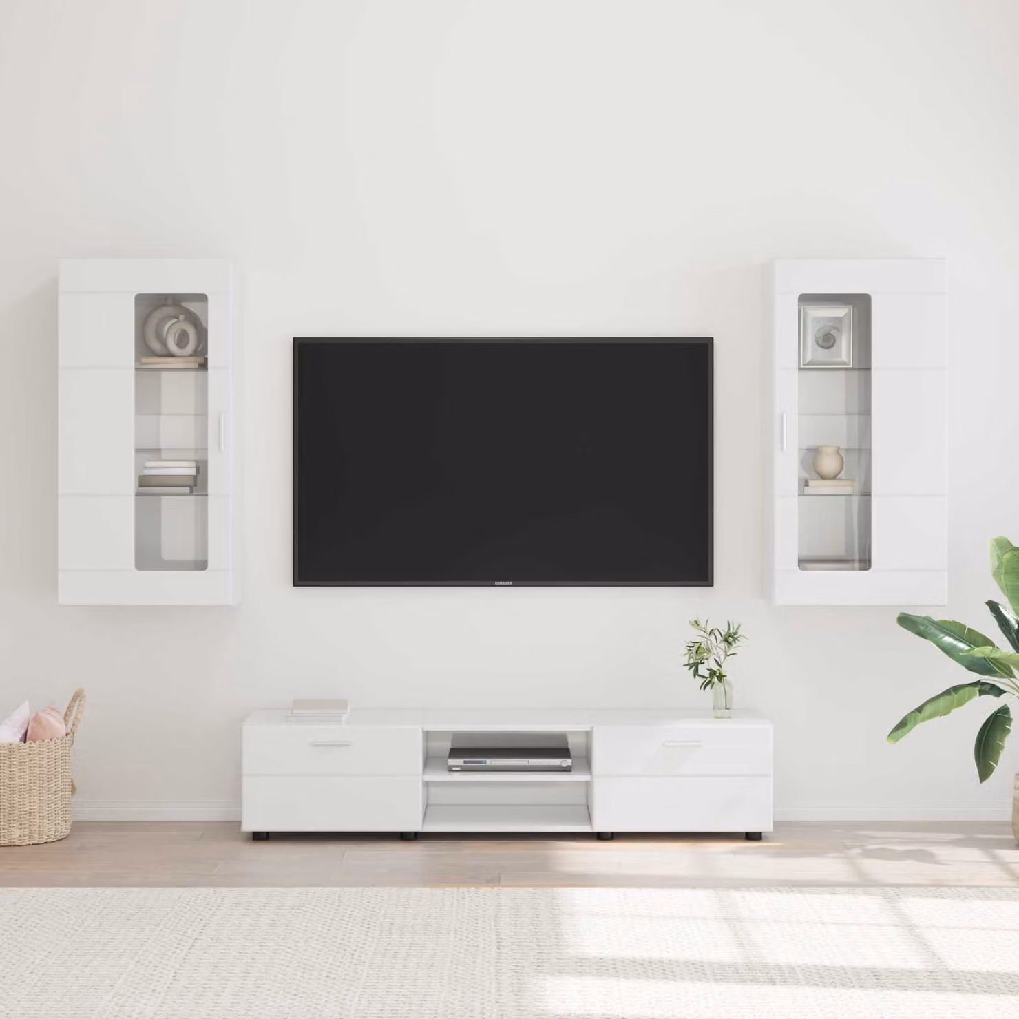Set mobile TV moderno vidaXL FLORIN in 3 pezzi Bianco Lucido e Legno MDF L: 150 cm, P: 39 cm, H: 30 cm – 1