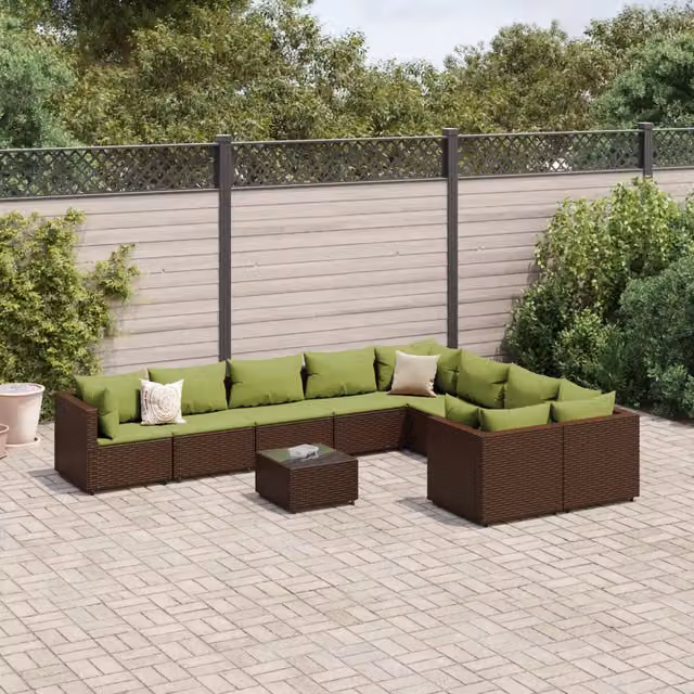 Set da giardino vidaXL composto da 10 pezzi con divano a 3 posti, tavolino da caffè e cuscini in polyrattan marrone e verde con struttura in acciaio verniciato a polvere – 1