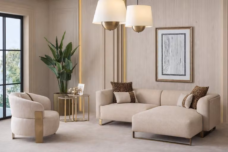 Elegante set da salotto: divano ad angolo, poltrona di design e tavolino