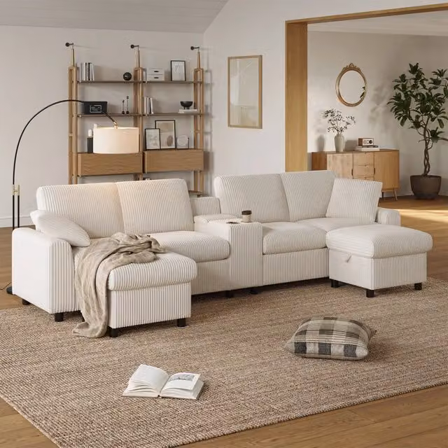 Divano a U REDOM in velluto a coste beige con sgabelli coordinati e ricarica USB L: 315 cm, P: 135 cm, H: 81 cm