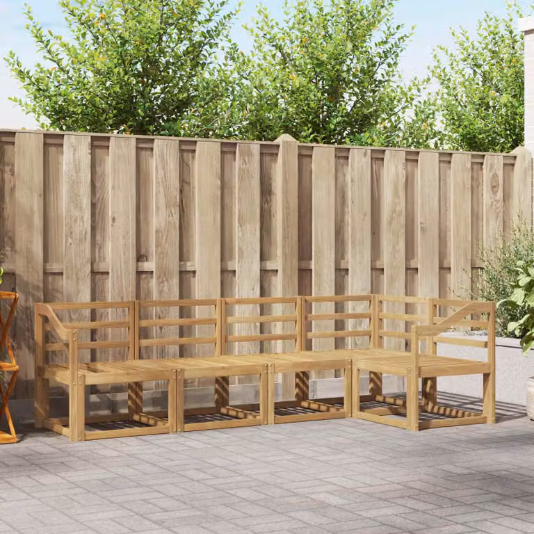 vidaXL Set di divani da esterno 5 pz in legno di acacia massello, design moderno a L con cuscini bianchi e marroni per giardino e terrazza