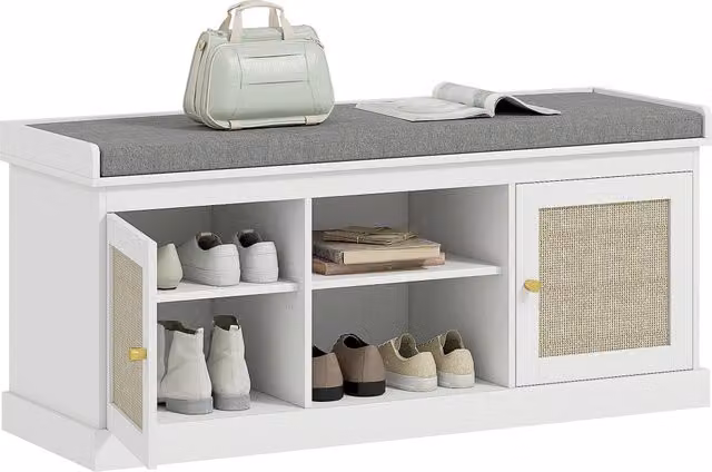 Scarpiera con Panca per Ingresso XYLO in Bianco con Ante in Rattan, Stile Boho, L: 105 cm, P: 35 cm, H: 47 cm