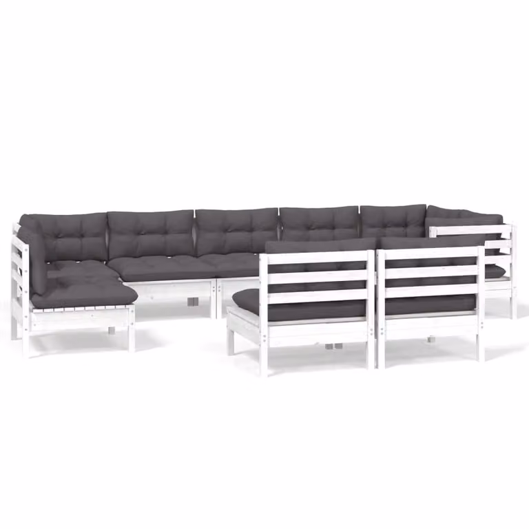 Set Divani da Giardino 9 pz con Cuscini Bianchi Legno di Pino