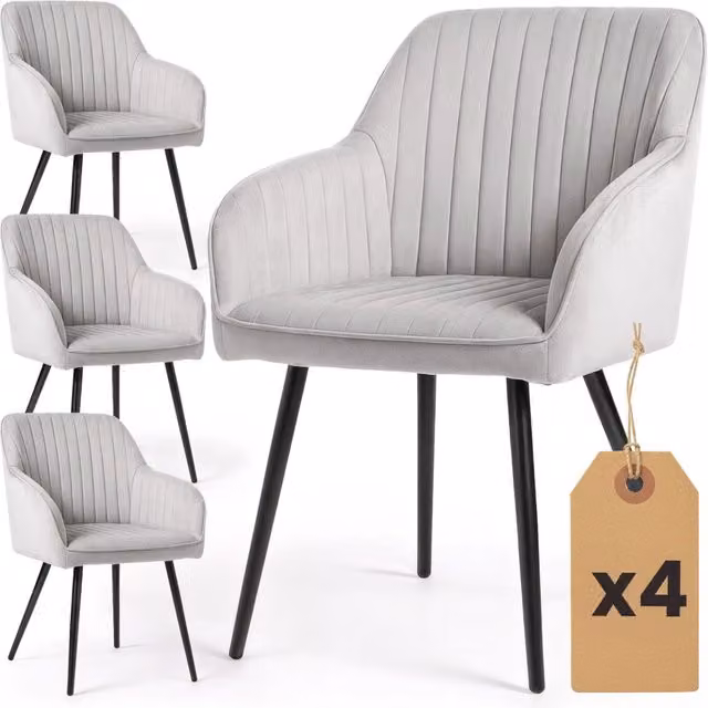 Set di 4 Sedie in velluto con cuciture verticali FLORENCE Grigio gambe nere