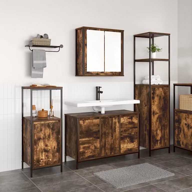 Set di mobili per il bagno moderno vidaXL composto da 3 pezzi in legno e metallo, colore Rovere e Nero, L/P/H: 165 x 55,7 x 90 cm