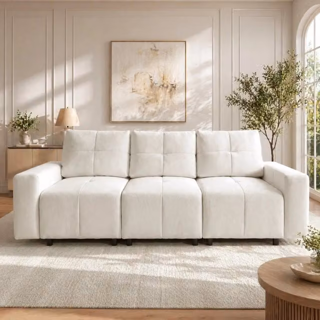 Divano modulare 3 posti convertibile 213 cm in tessuto chenille beige bianco