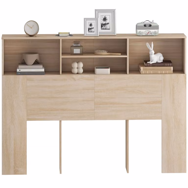 Testiera con contenitore XYLO in legno naturale beige e marrone con 4 vani aperti L: 140 cm, H: 103,5 cm, P: 19 cm