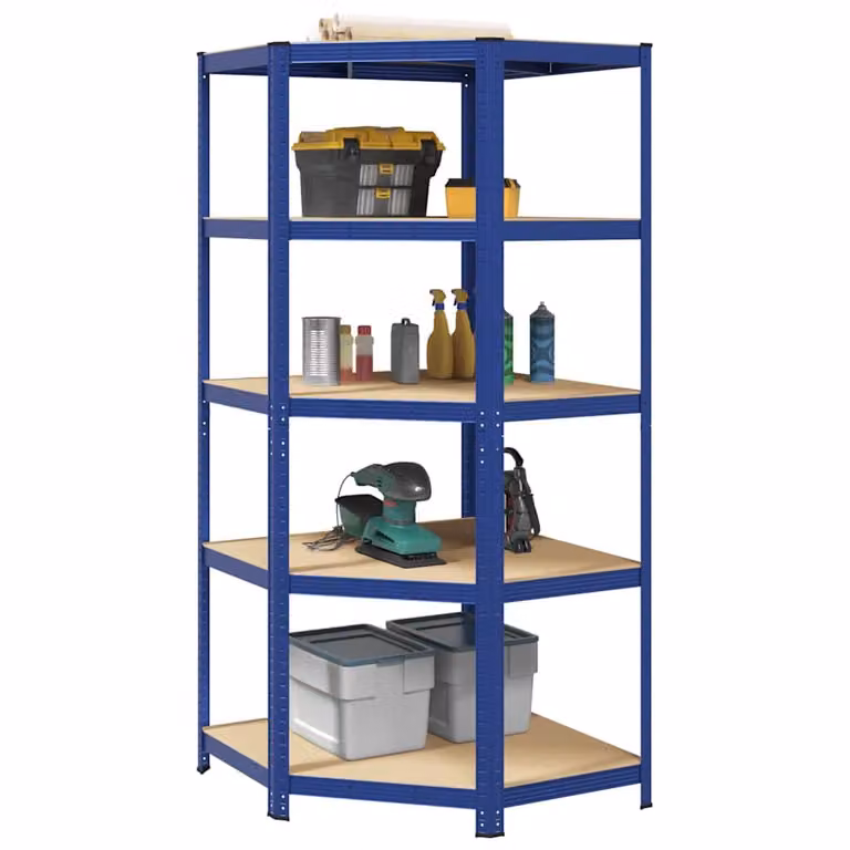 vidaXL Mensola Angolare Industriale a 5 Strati in Acciaio e Legno Blu L 90 x P 90 x H 198 cm