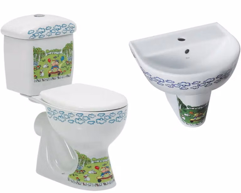 SET: WC compatto per bambini, 56x32x61 cm, con scarico orizzontale - cassetta - sedile WC bianco - lavabo, con semicolonna, Yumurcak, CeraStyle