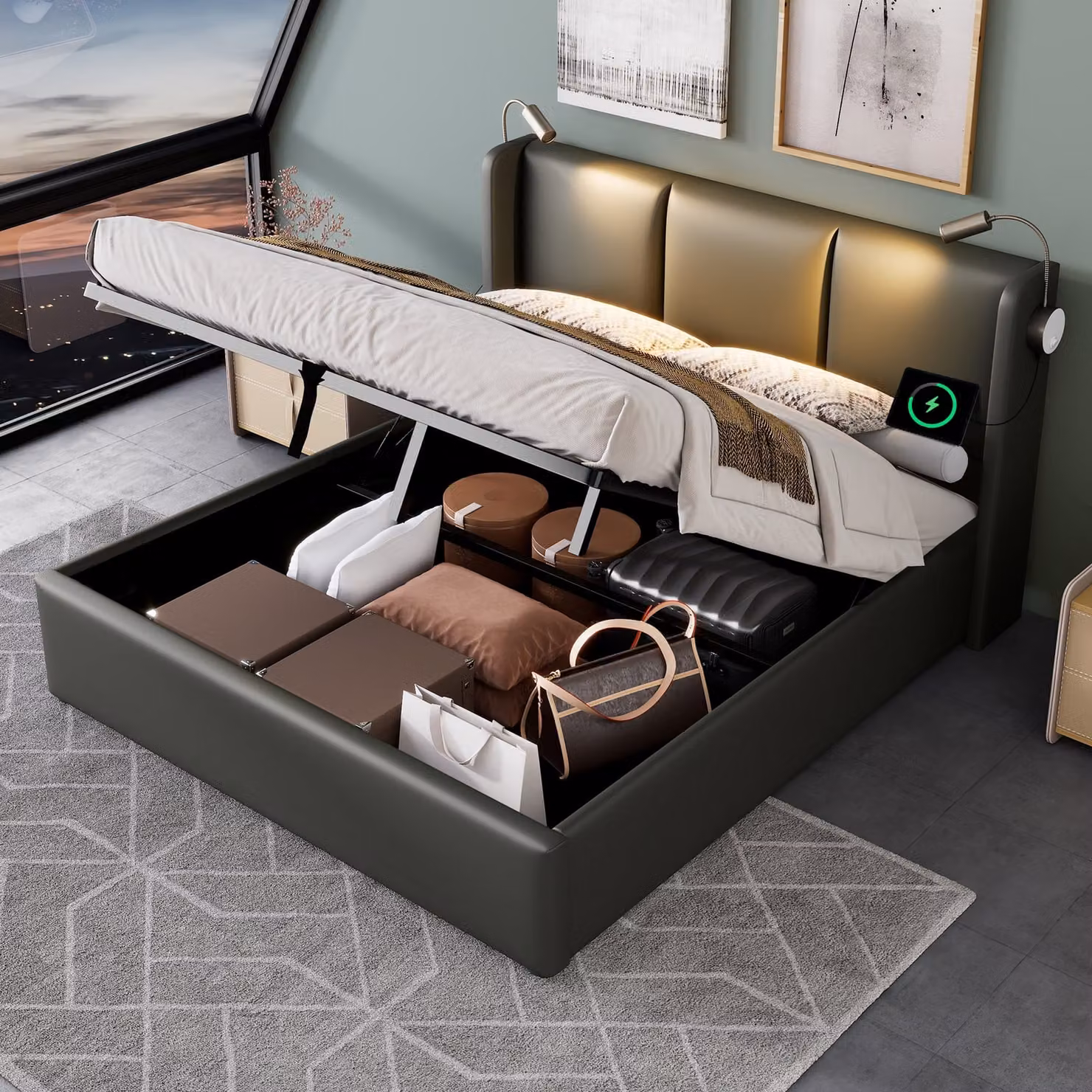Letto singolo STILVORA 160x200 cm, imbottito con funzione di ricarica USB, testiera, letto matrimoniale con contenitore, letto con contenitore realizzato in tessuto di lino, colore grigio (senza materasso)
