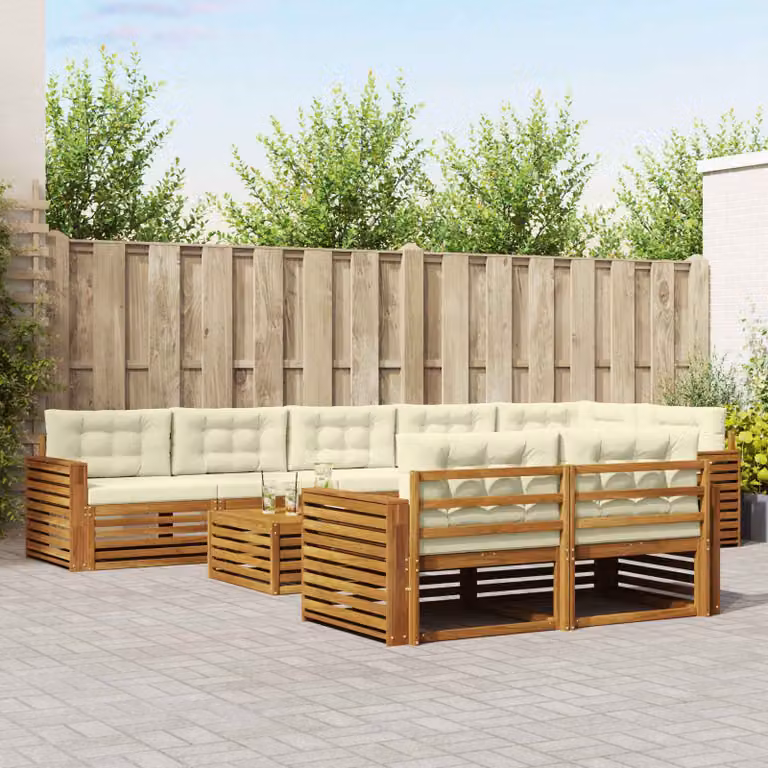 vidaXL Set di divani da esterno a L in legno di acacia con tavolino e cuscini, 9 pezzi, Beige, Bianco e Marrone