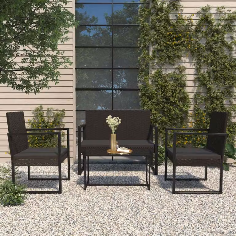 Set da giardino vidaXL 4 pezzi in rattan nero con cuscini e struttura in acciaio rivestito in polvere