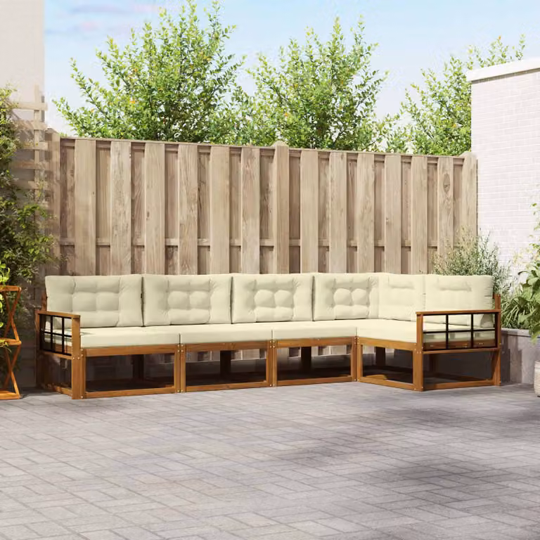 vidaXL Set di divani da esterno a L in legno di acacia con cuscini, Naturale e Crema