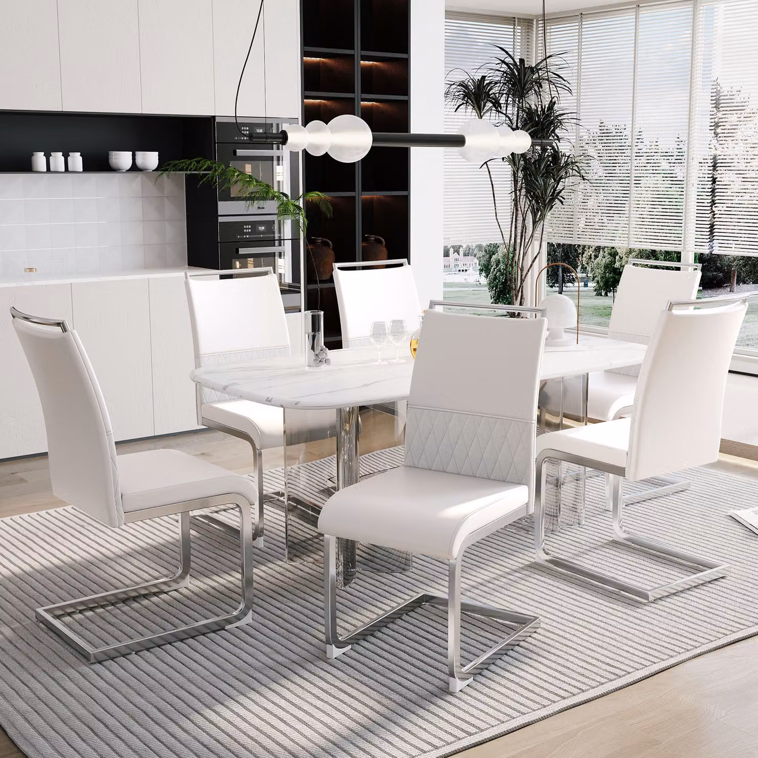 MODFU: Set di 6 sedie da pranzo moderne, ideali anche come sedie da cucina o da ufficio, con schienale a listelli piatto, imbottitura, design multifunzionale, realizzate in Poliuretanodi alta qualità e lino, colore bianco