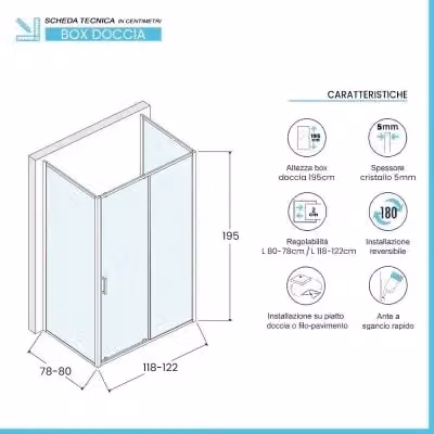 Box doccia Tay a 3 lati con porta scorrevole in vetro trasparente, forma rettangolare L/P/H: 120 x 80 x 195 cm – 2
