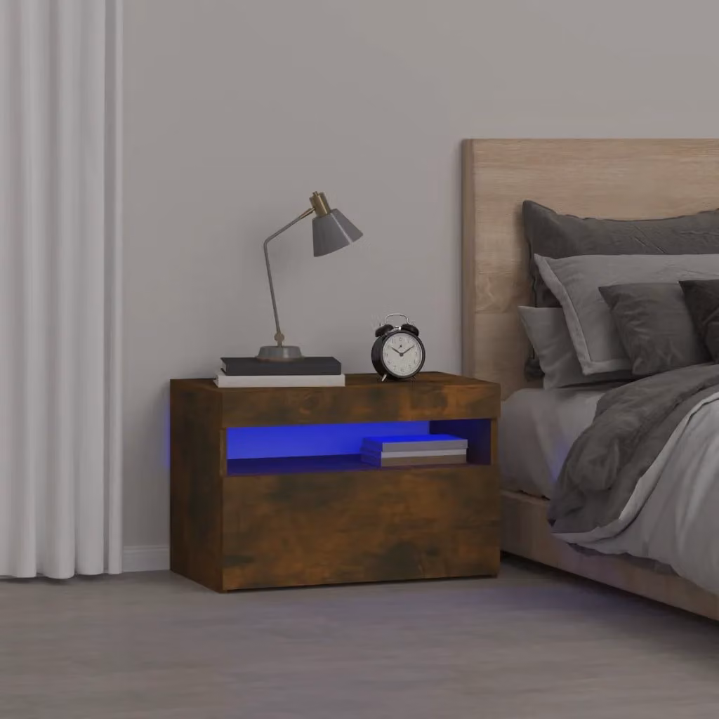 Comodino moderno vidaXL con luci LED in legno Rovere Fumo L: 60 cm, P: 35 cm, H: 40 cm