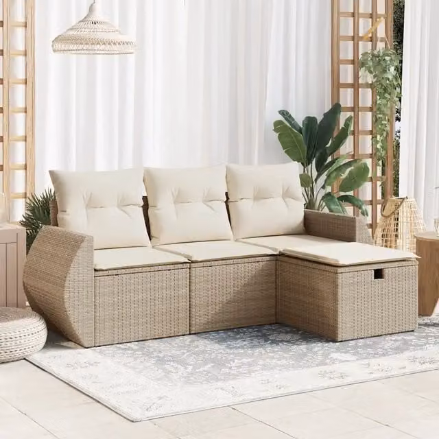 Set Divano da Giardino 4 pz con Cuscini-Sofa da Giardino-Divanetto da esterno Beige in Polyrattan 350677