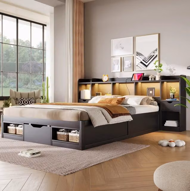 Letto platform 140 x 200 cm con 3 cassetti; vani portaoggetti; LED e USB; nero
