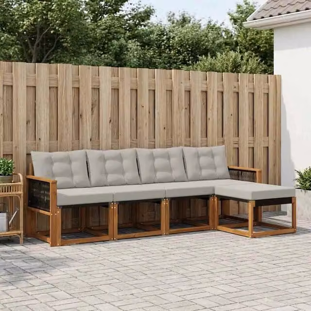 Set di divani da esterno a L vidaXL in legno di acacia con pouf e cuscini, beige e grigio