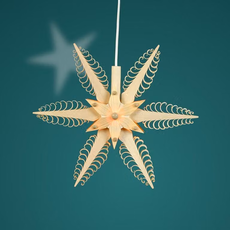 Ornamento per finestra con stella illuminata al centro e stella in legno (su entrambi i lati) LxAxP=20x20x4,5 cm NUOVO