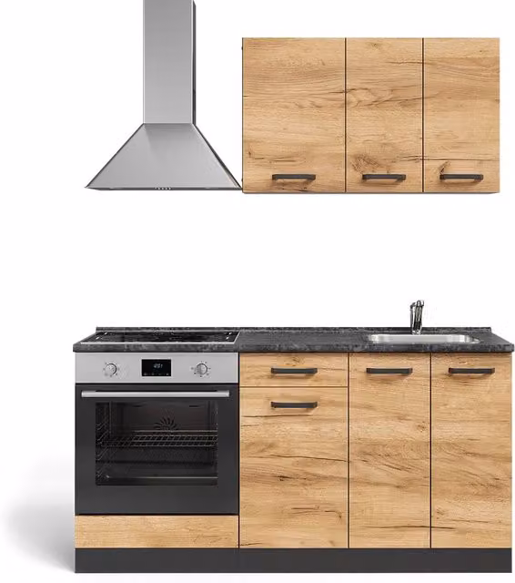 Cucina completa R-Line Rovere dorato/Antracite 160 cm con colonna forno senza piano di lavoro Vicco