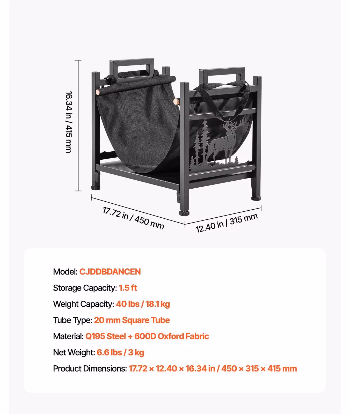 Porta-legna, struttura in acciaio resistente, borsa da trasporto in tela, 45 cm, 18 kg