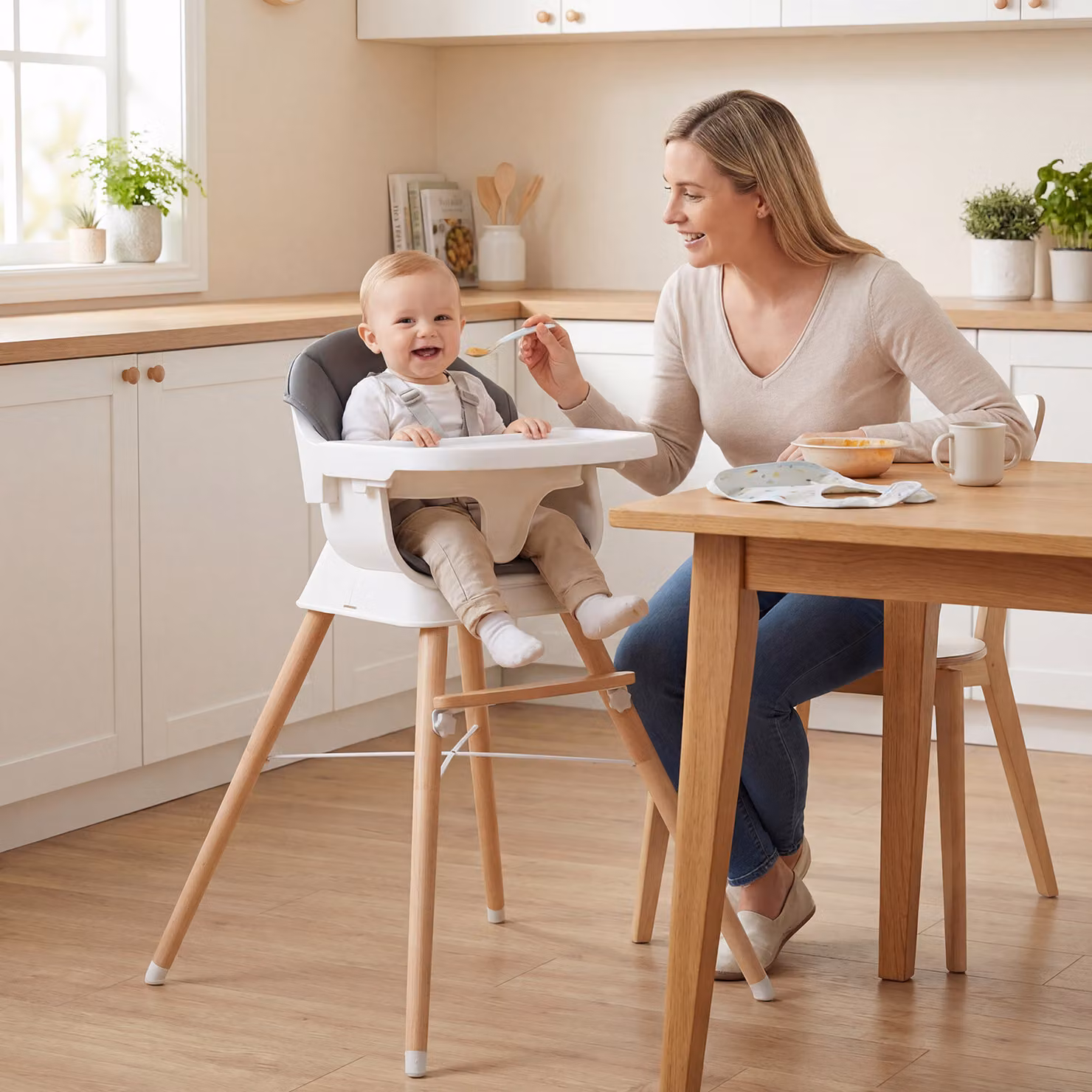 Seggiolone pappa evolutivo Costway in legno bianco con vassoio regolabile, cuscino rimovibile e cintura di sicurezza a 5 punti