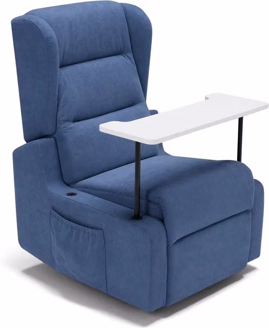 Poltrona relax elettrica Bilbao Redokasa per anziani con 2 motori, funzione alzapersona, tavolino di servizio, braccioli estraibili e doppia pediera, colore Blu