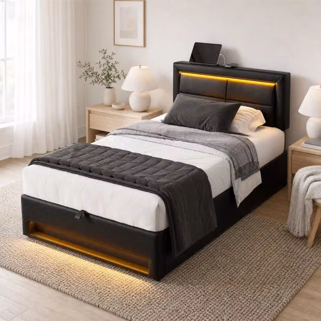 Letto imbottito 90x200 cm con ricarica USB e wireless, LED e vano contenitore in PU nero