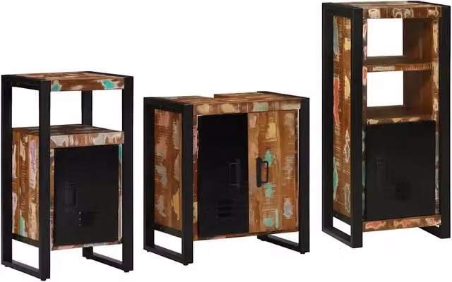 Set di mobili da bagno moderno vidaXL in legno e metallo, 3 pezzi, multicolore e nero, con pensili a muro e ante a cerniera – 2
