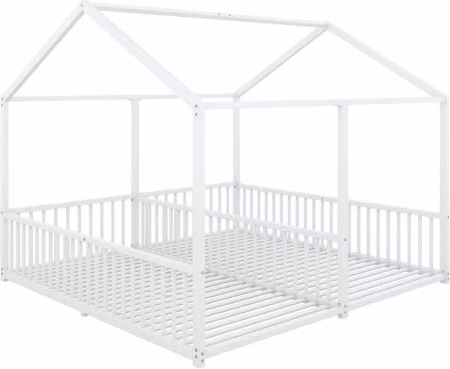 Letto a castello per bambini in metallo 90x200 cm, struttura robusta con ringhiera e scala, design a casetta, colore bianco