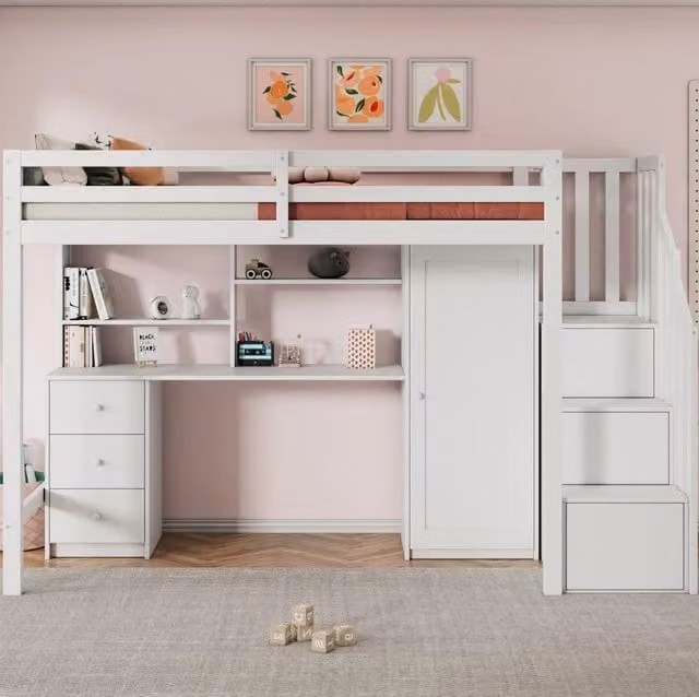Letto a castello per bambini 90x200 cm con scrivania; armadio e cassetti; bianco