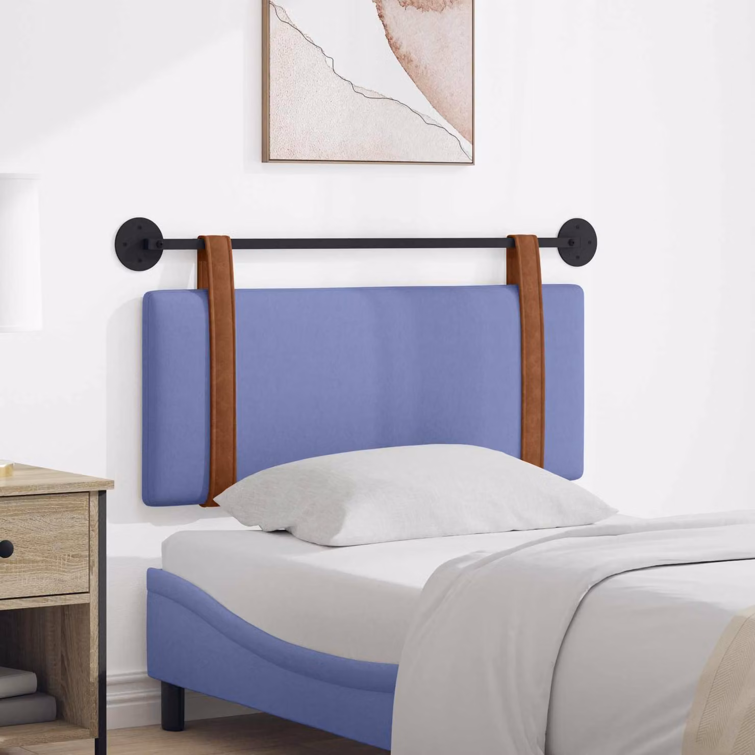 Testiera per letto sospesa vidaXL in similpelle blu jeans con pannello imbottito e struttura in legno e metallo L: 110 cm, H: 55 cm, P: 5 cm