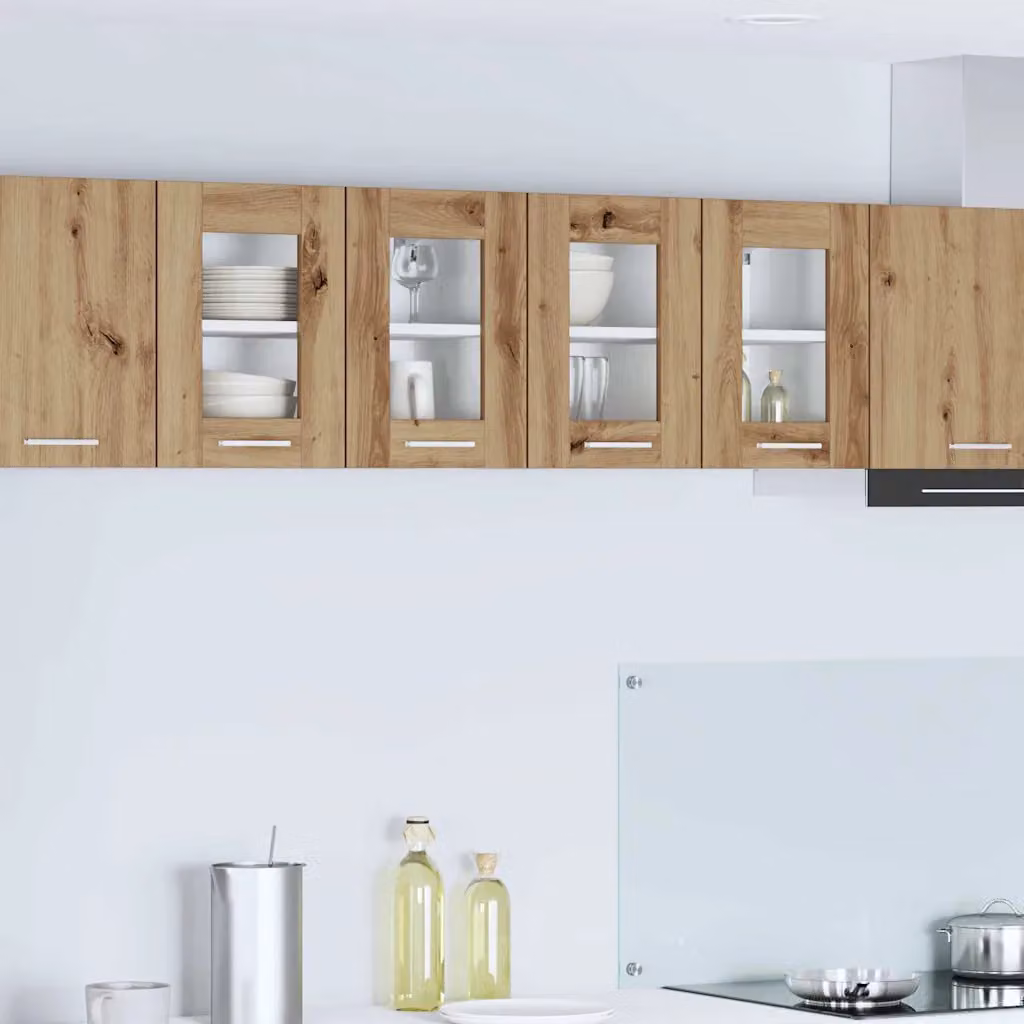 Set di 2 armadi pensili da cucina vidaXL in legno rovere marrone con ante in vetro e ripiani interni