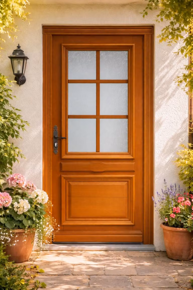 Porta d'ingresso in legno con vetro, cumino, H.215xL.90 cm, lato tavolo P. dritto, maniglia, cilindro, pulsante, GD MENUISERIES